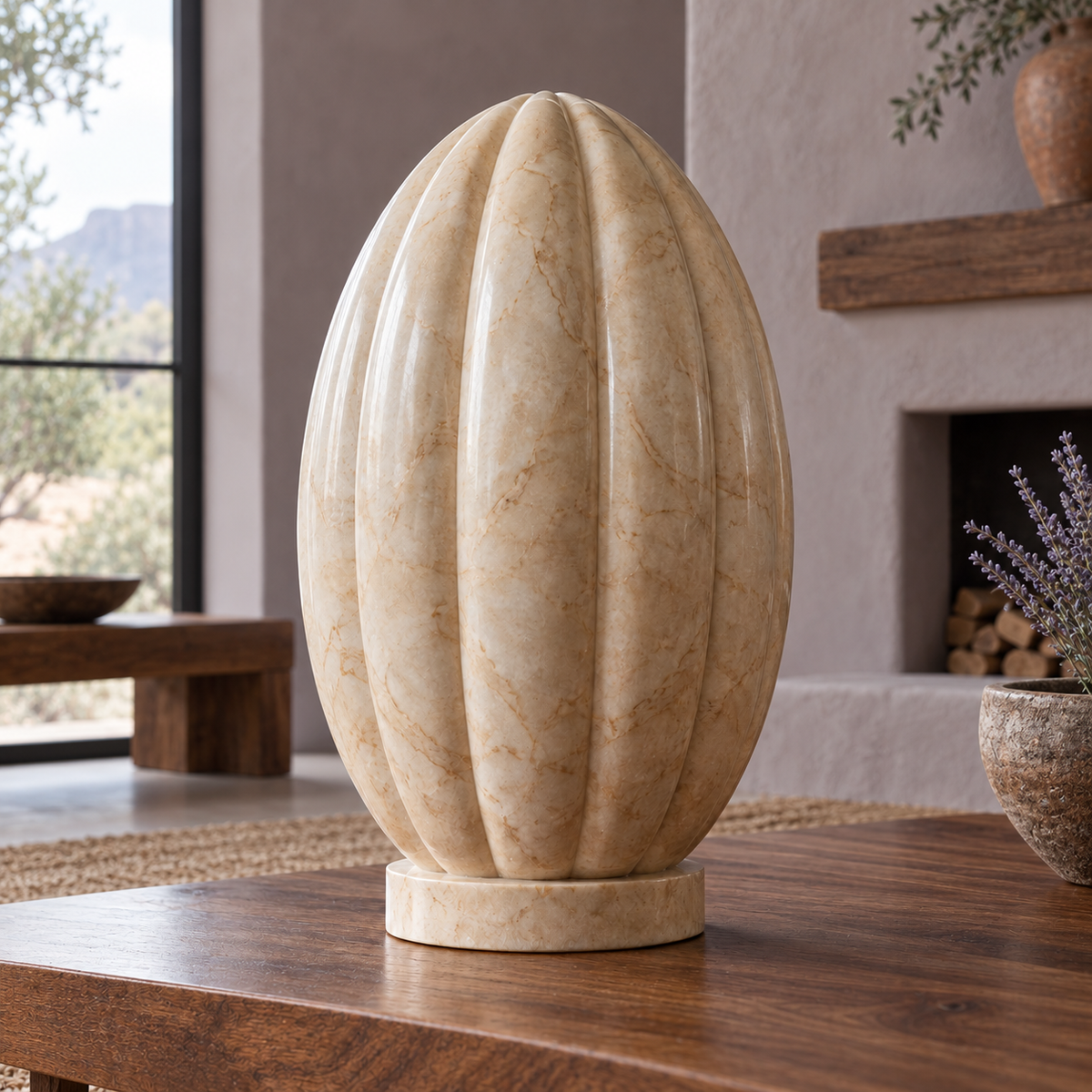 Fluted Stillwater Beige Marble Ribbed Oval sculpture, 180 degree view in Santa Fe contemporary home interior with lavender-gray plaster wall, walnut table and woven flax rug.