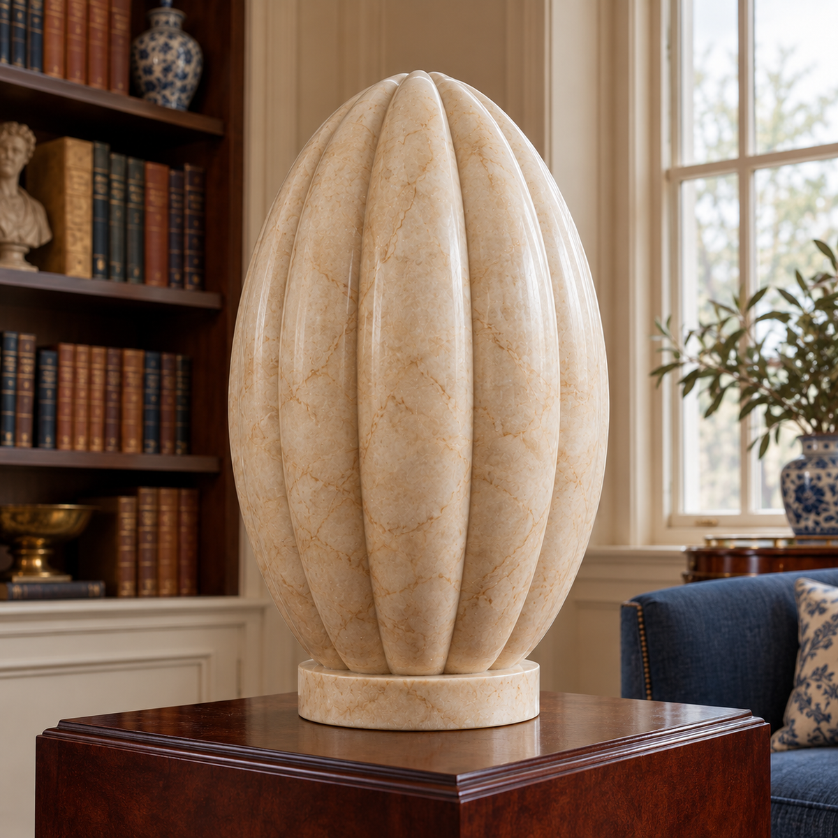 Fluted Stillwater Beige Marble Ribbed Oval sculpture, 315 degree view in Charleston library interior with warm oatmeal walls, dark cherry display pedestal and blue linen upholstery.