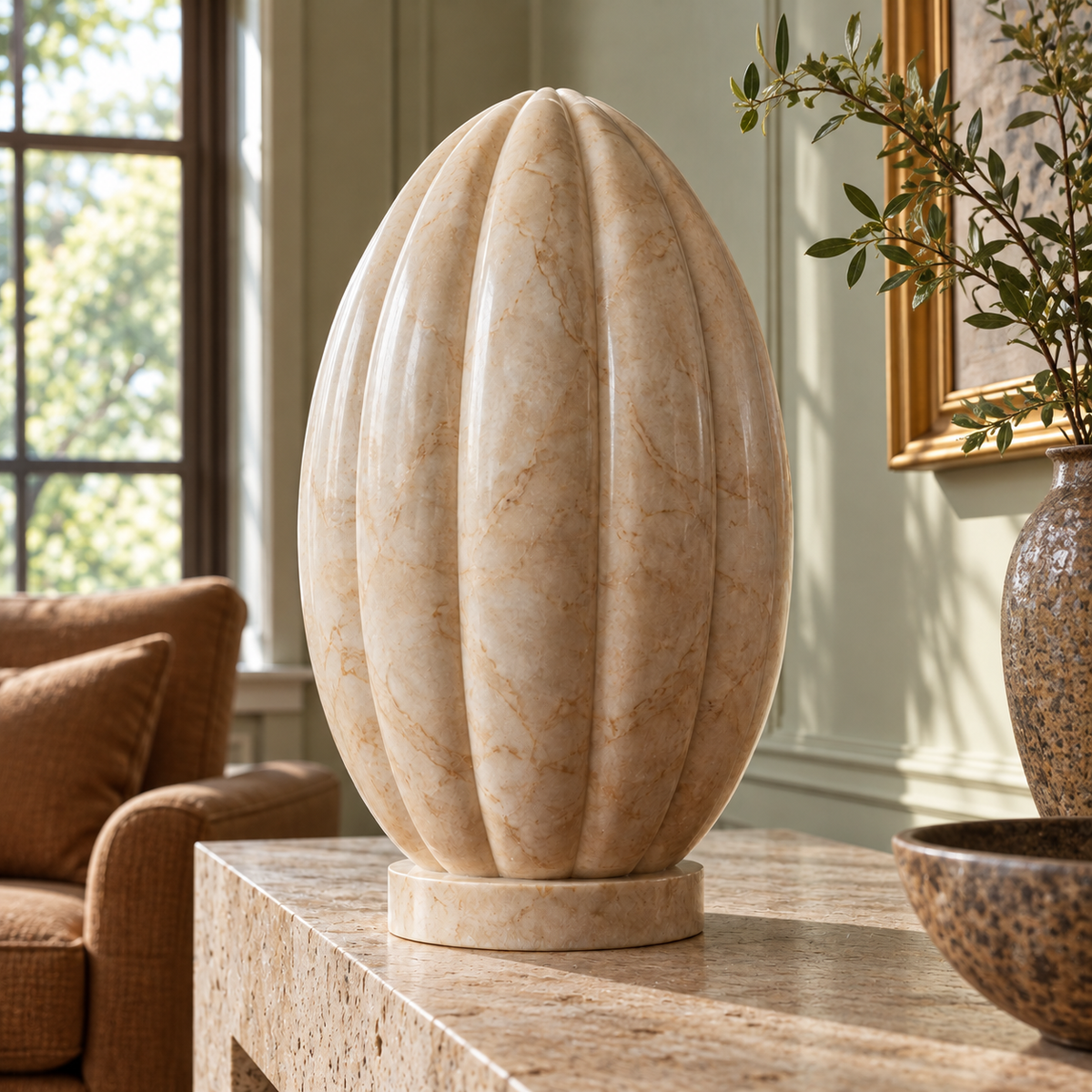 Fluted Stillwater Beige Marble Ribbed Oval sculpture, 90 degree view in New York brownstone interior with pale sage wall, travertine console and caramel linen chair, no visible brick.