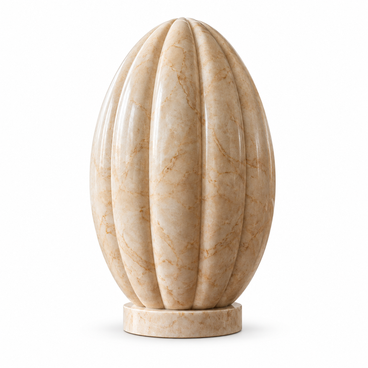 Fluted Stillwater, beige marble ribbed oval sculpture isolated on white with a soft contact shadow.