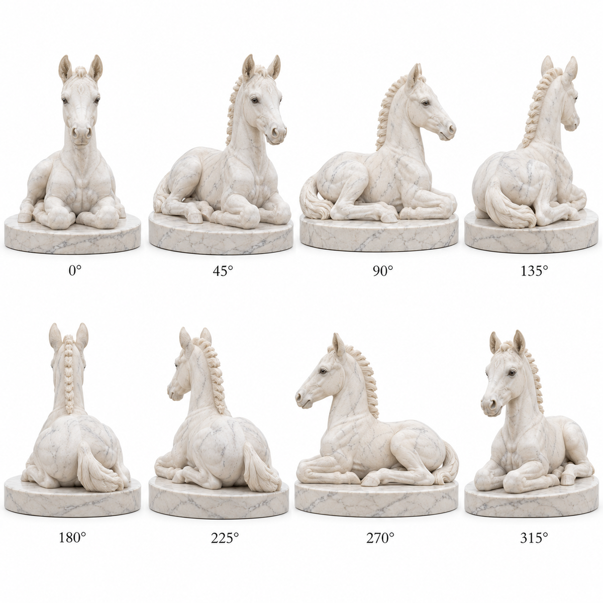 Eight labeled views around Foal's Reverie white marble resting foal sculpture on a pure white background.