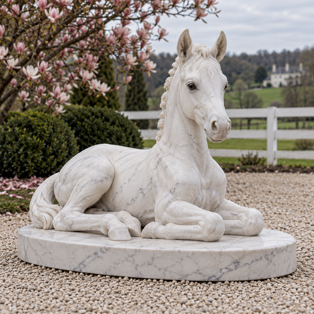 Foal's Reverie white marble resting foal sculpture in natural daylight.