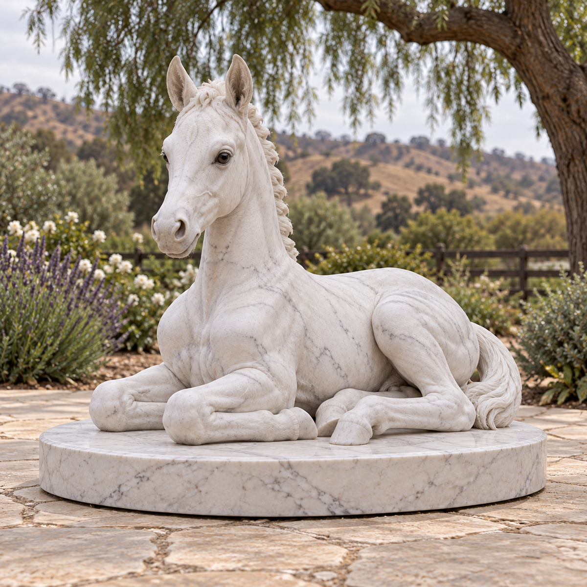 Opposite front three-quarter view of Foal's Reverie white marble resting foal sculpture.