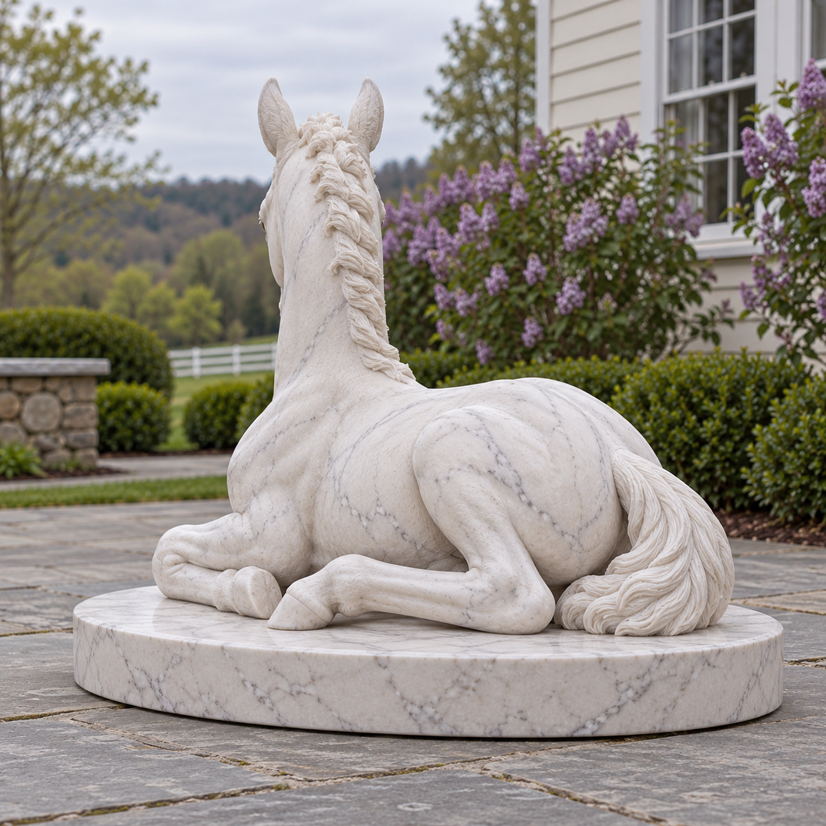 Rear view of Foal's Reverie white marble resting foal sculpture, showing the back and base.