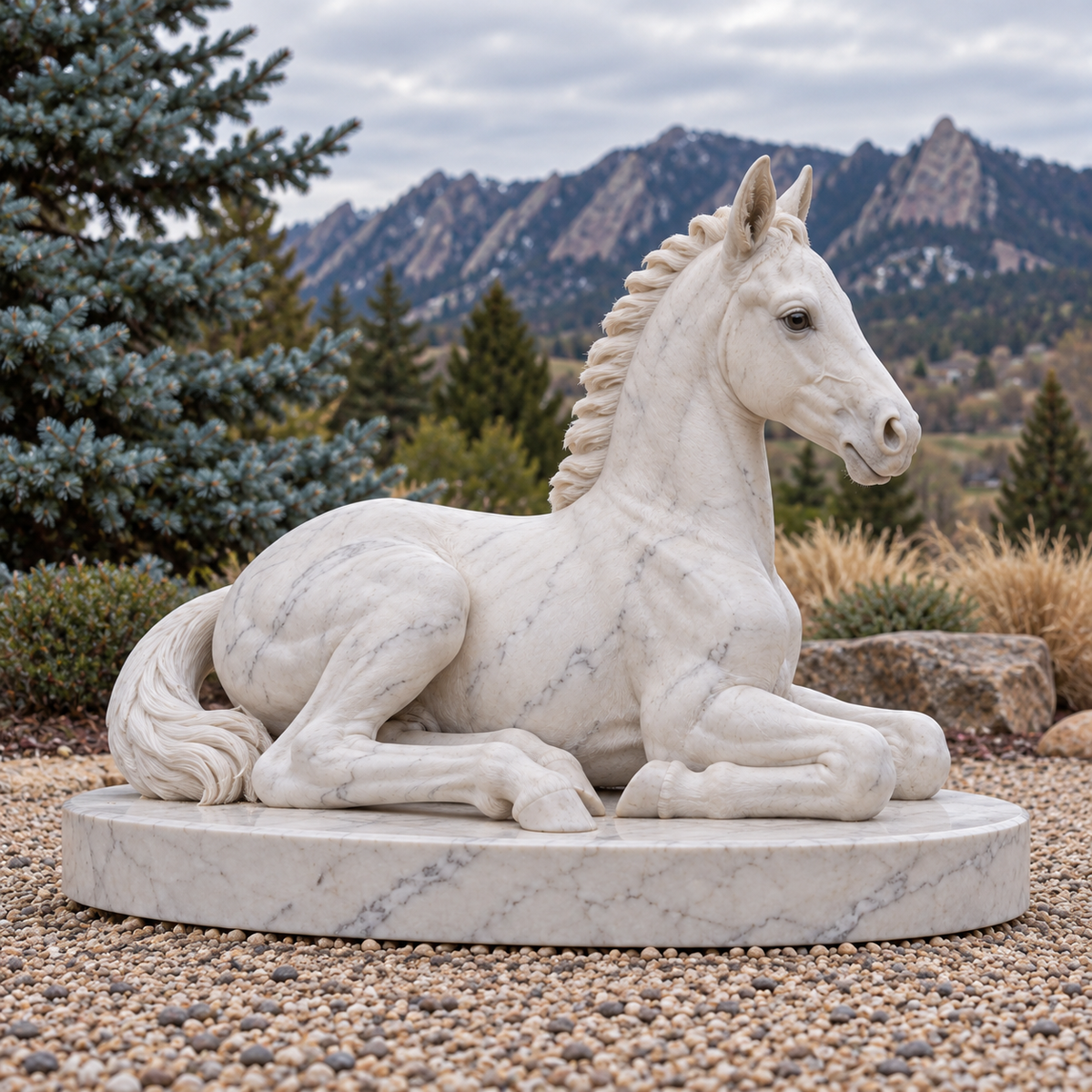Side view of Foal's Reverie white marble resting foal sculpture.