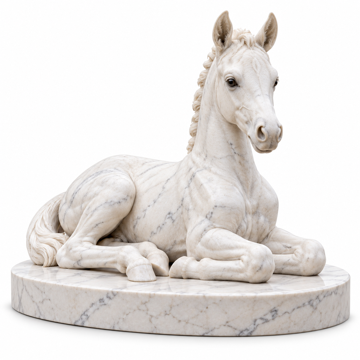 Foal's Reverie white marble resting foal sculpture isolated on a pure white background with a natural contact shadow.