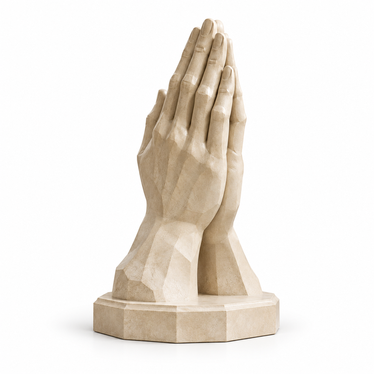 Folded Devotion Ivory Fiberglass Geometric Praying Hands sculpture on a white background