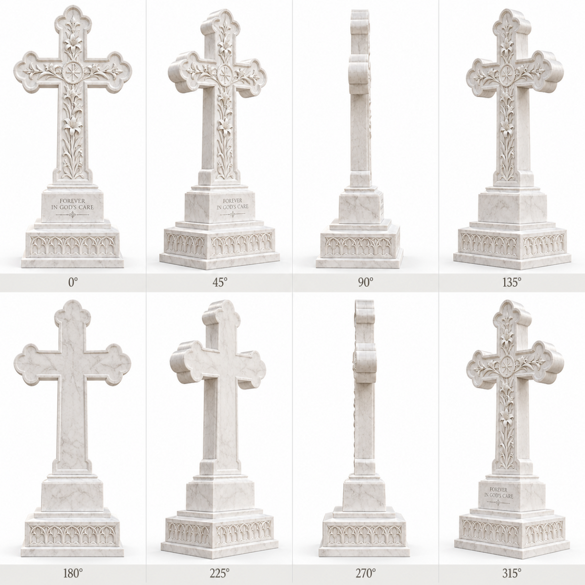 360 degree views of Forever in His Care white marble cross memorial headstone shown from eight different angles