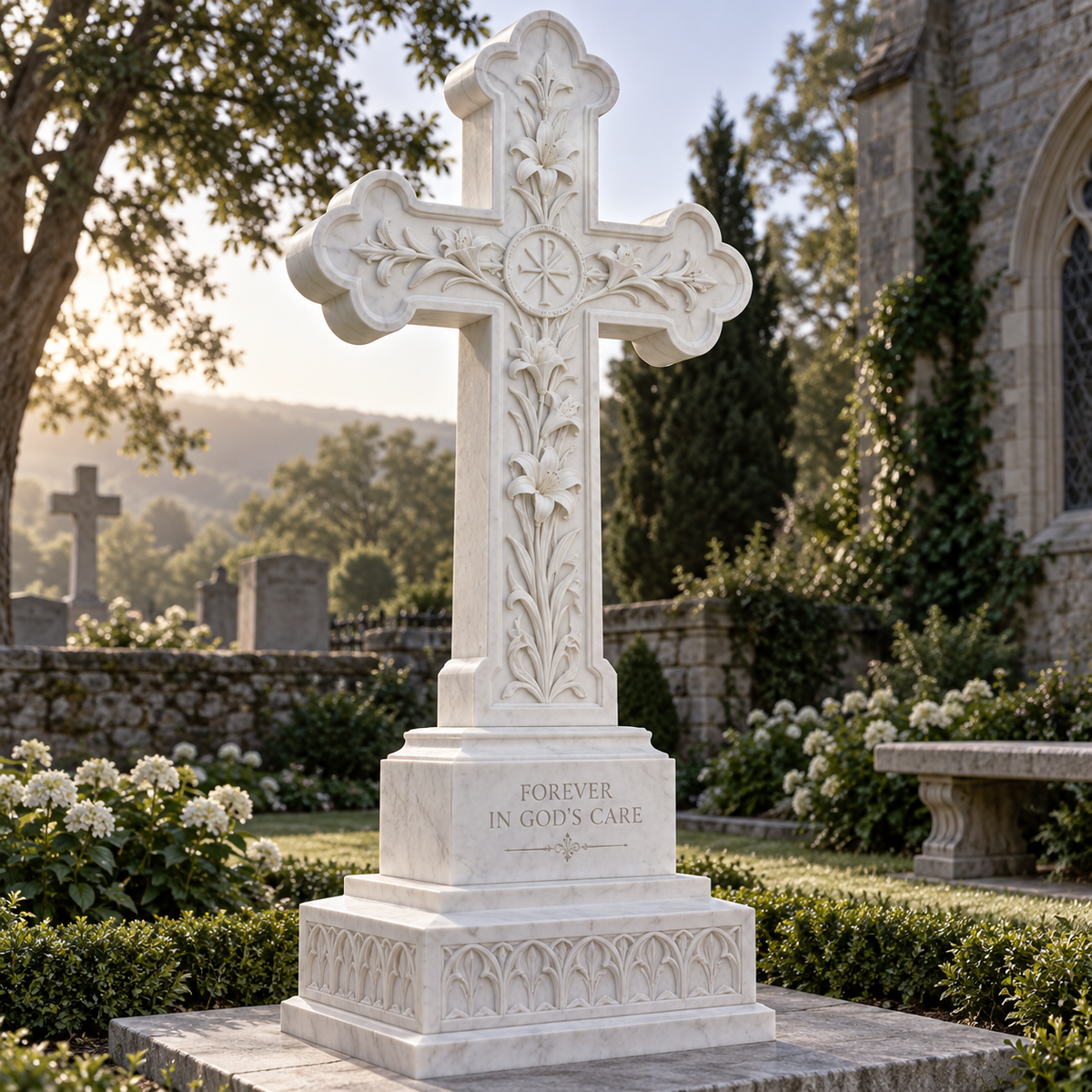 Forever in His Care white marble cross memorial headstone displayed in a classical Christian cemetery setting