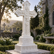 Forever in His Care white marble cross memorial headstone displayed in a classical Christian cemetery setting