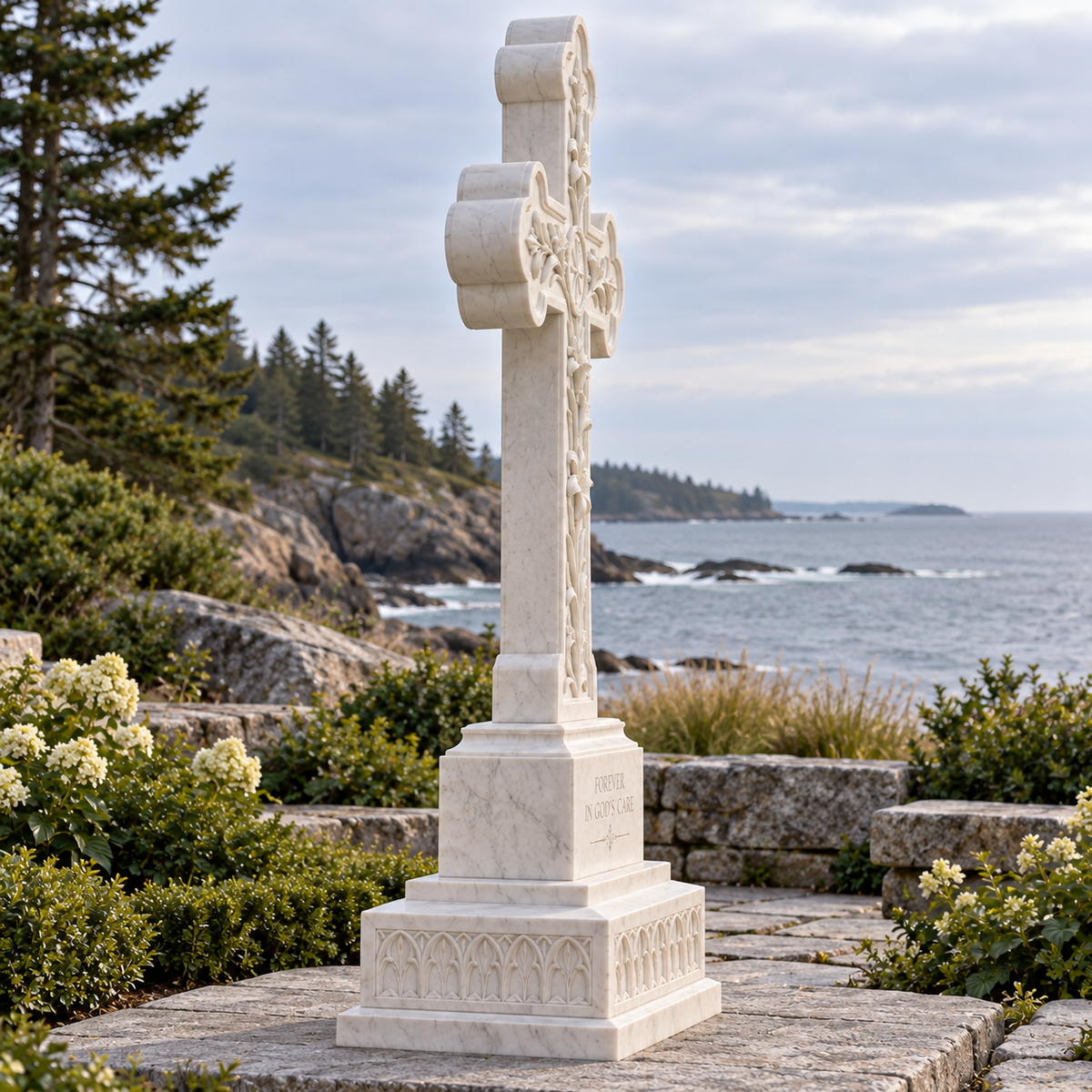 Forever in His Care White Marble Cross Memorial Headstone — coastal garden viewed from the side.