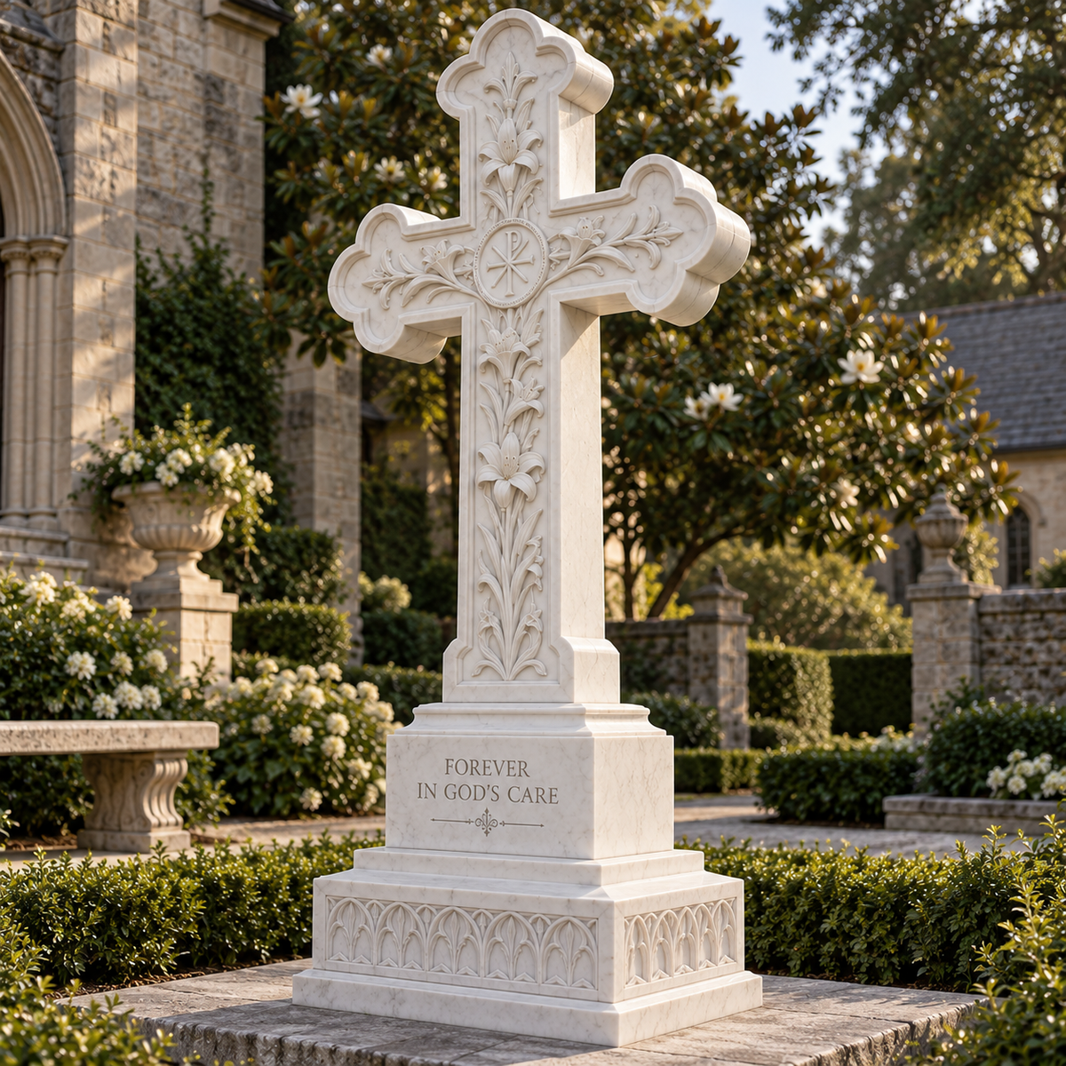 Forever in His Care White Marble Cross Memorial Headstone — historic stone courtyard.