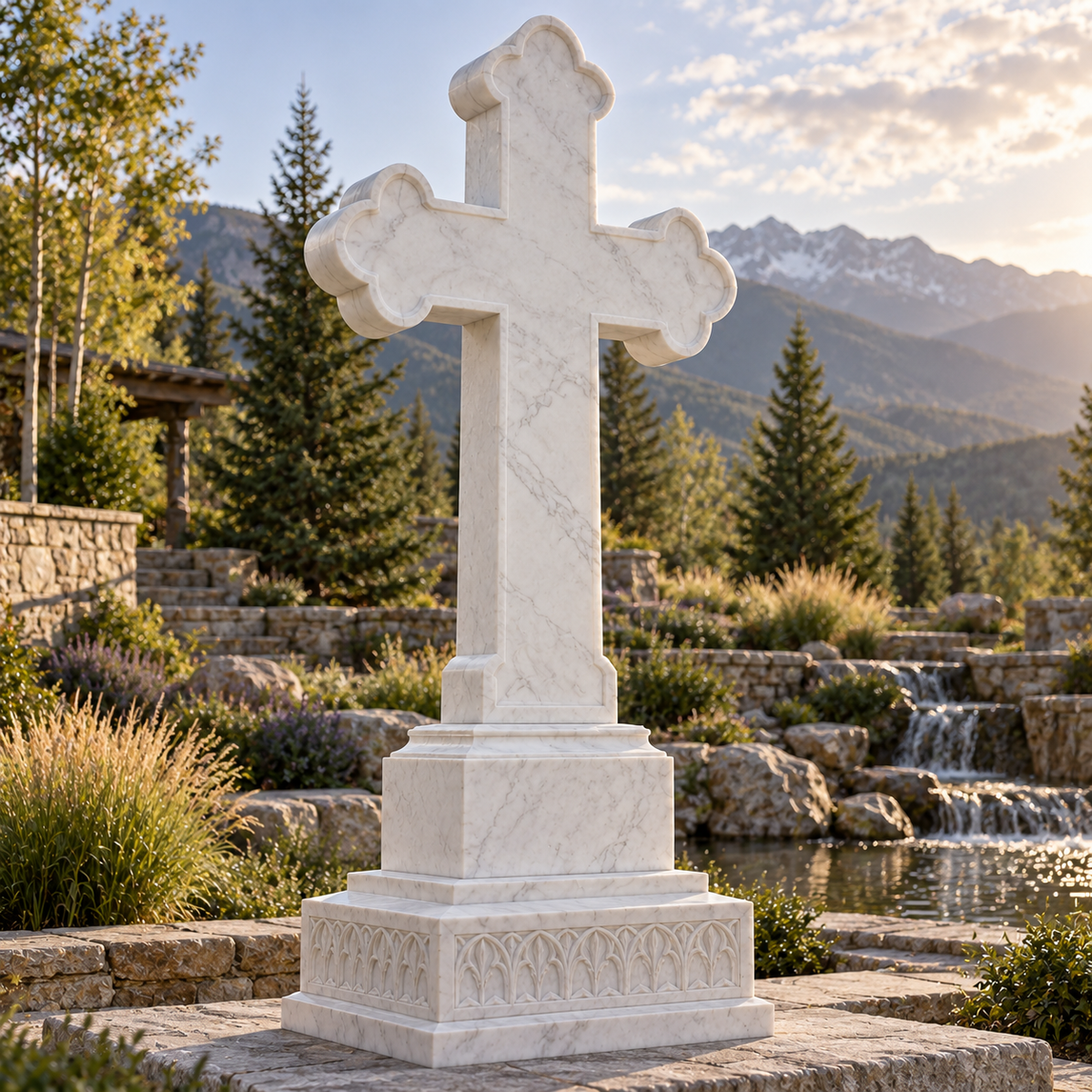 Forever in His Care White Marble Cross Memorial Headstone — mountain garden viewed from behind.