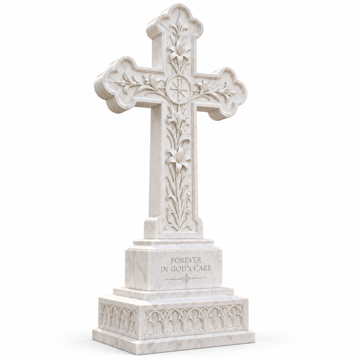 Forever in His Care white marble cross memorial headstone on a white background featuring a classical Christian monument design