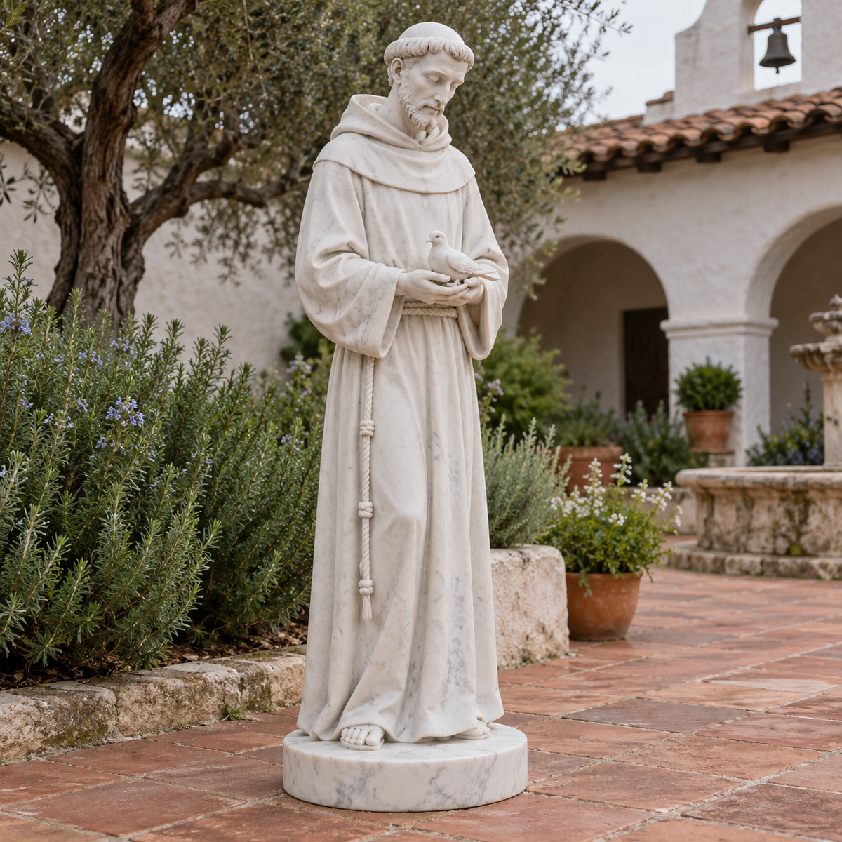 Francis at Dawn white marble saint francis with dove sculpture in natural daylight.