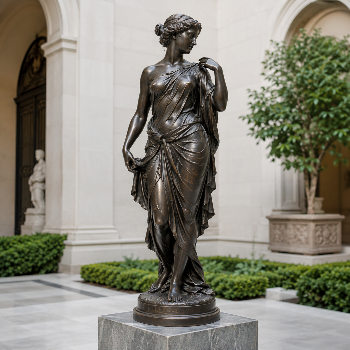 Garden Muse bronze classical woman sculpture displayed in an elegant outdoor garden and landscape setting