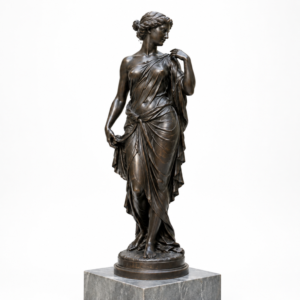 Garden Muse bronze classical woman sculpture on a white background featuring elegant classical drapery and figure details
