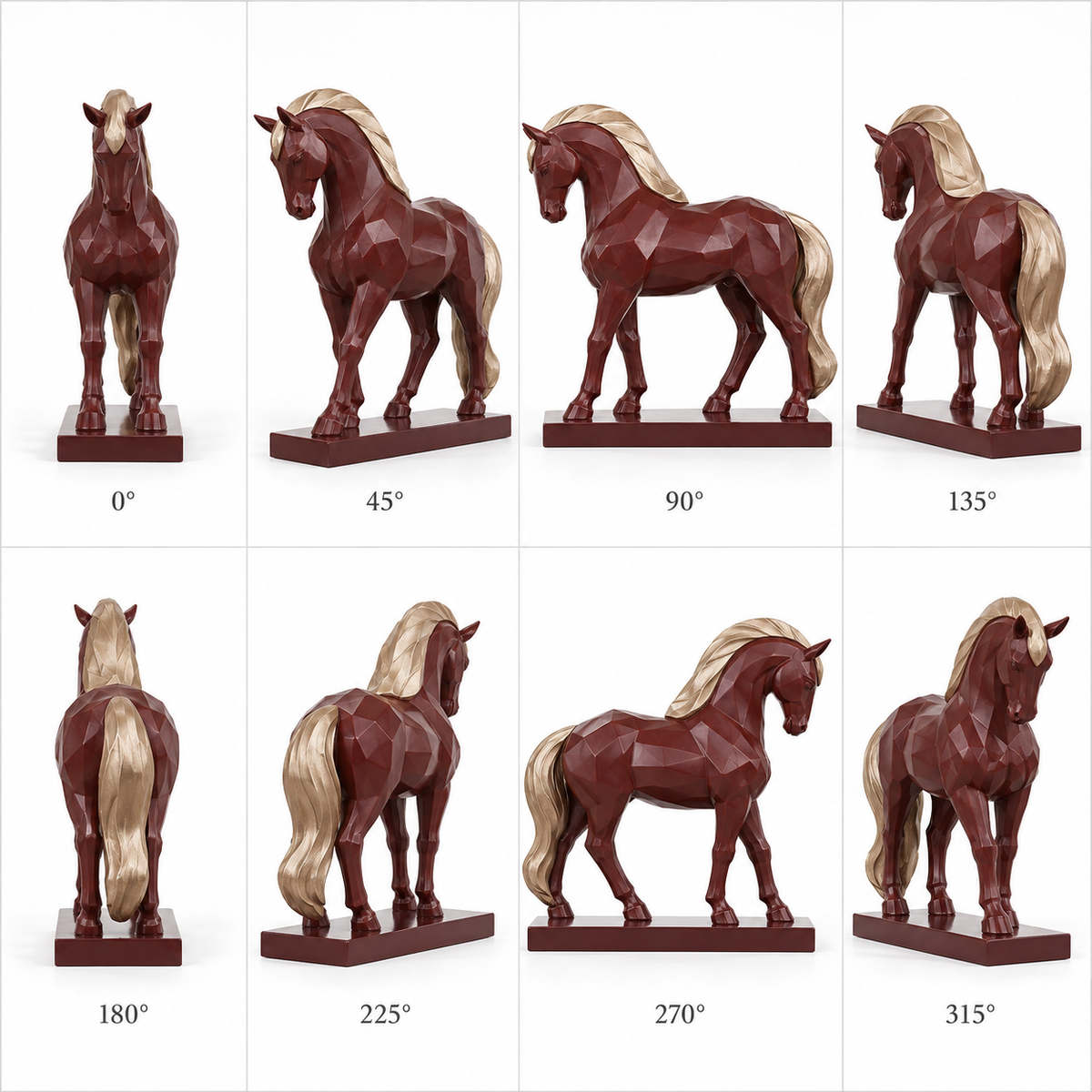 Eight labeled front, side and rear views of Garnet Cadence burgundy fiberglass geometric bowing horse sculpture.