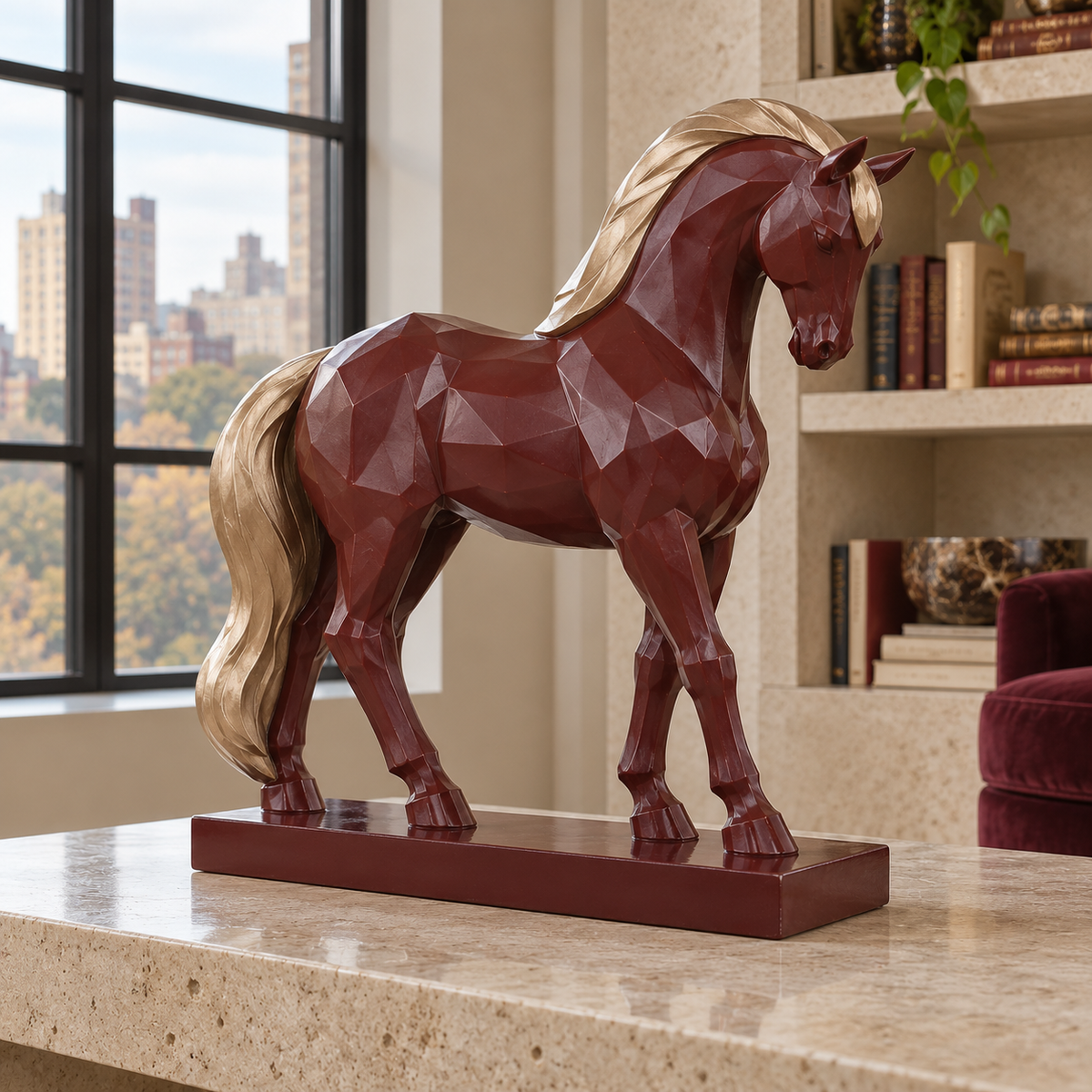 Opposite front three-quarter view of Garnet Cadence burgundy fiberglass geometric bowing horse sculpture in a different interior.