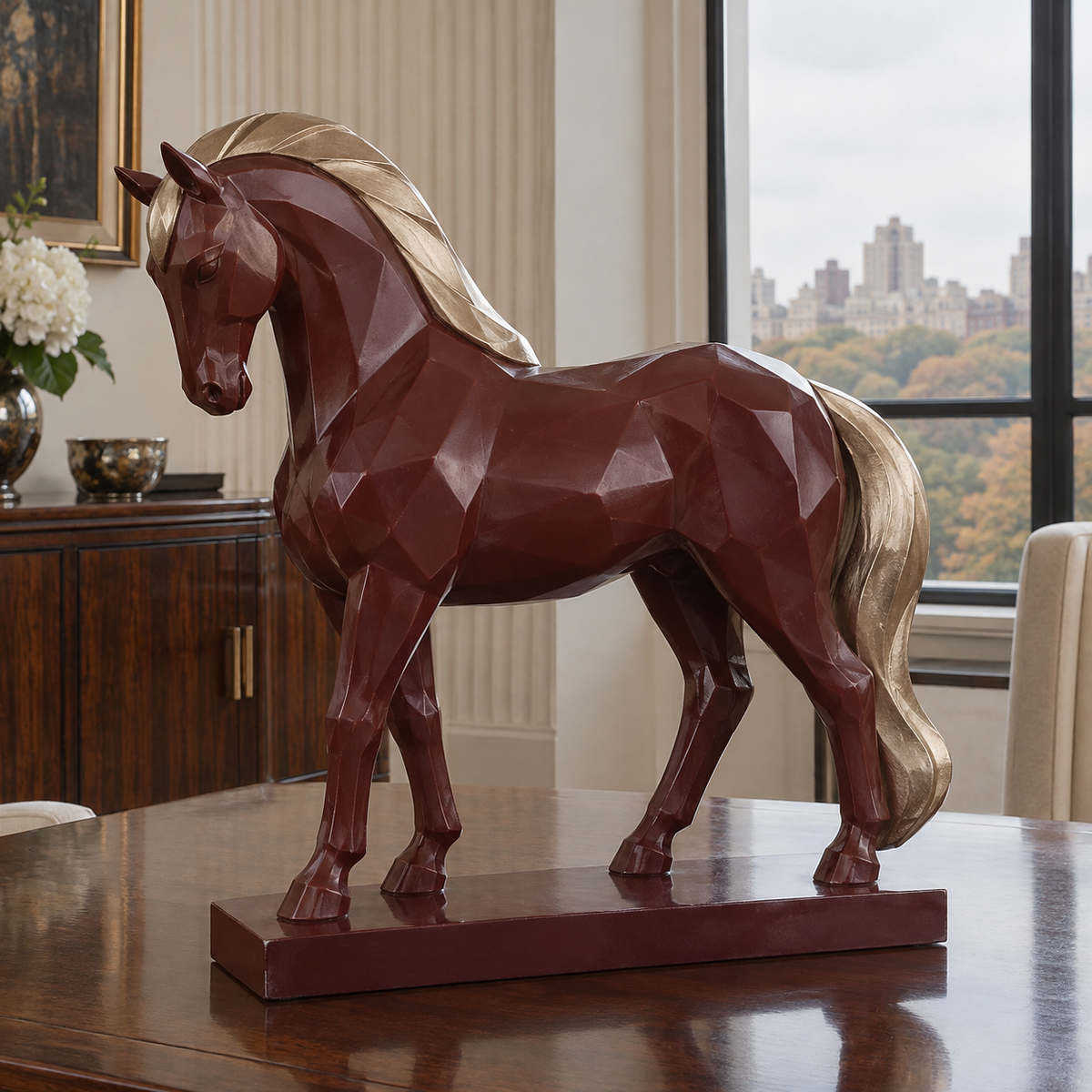 Garnet Cadence burgundy fiberglass geometric bowing horse sculpture in a naturally lit interior.