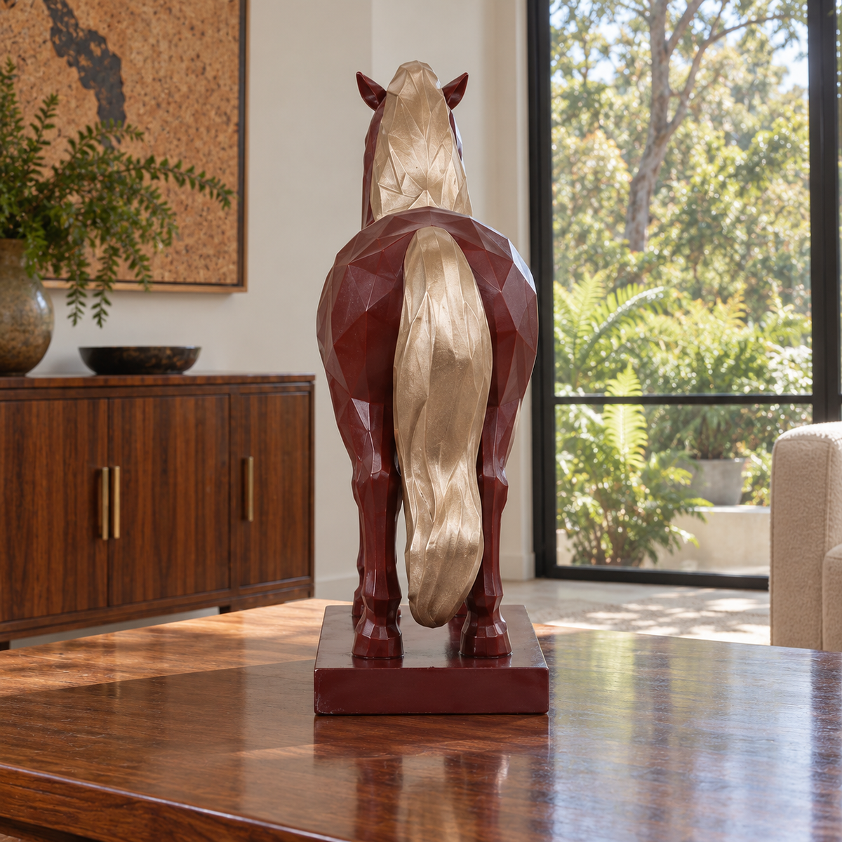 Rear view of Garnet Cadence burgundy fiberglass geometric bowing horse sculpture showing the back and integral base.