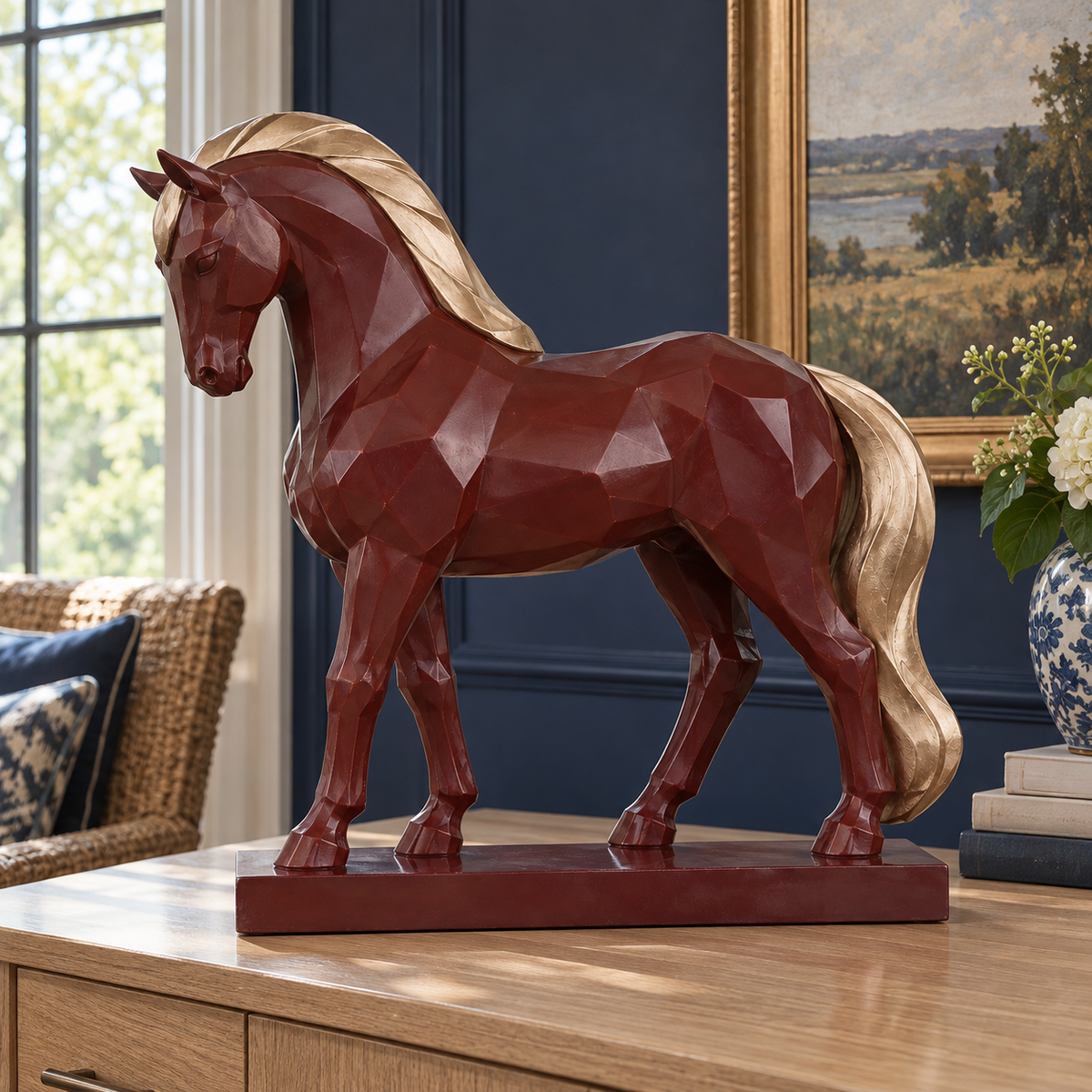 Side view of Garnet Cadence burgundy fiberglass geometric bowing horse sculpture in a different interior.