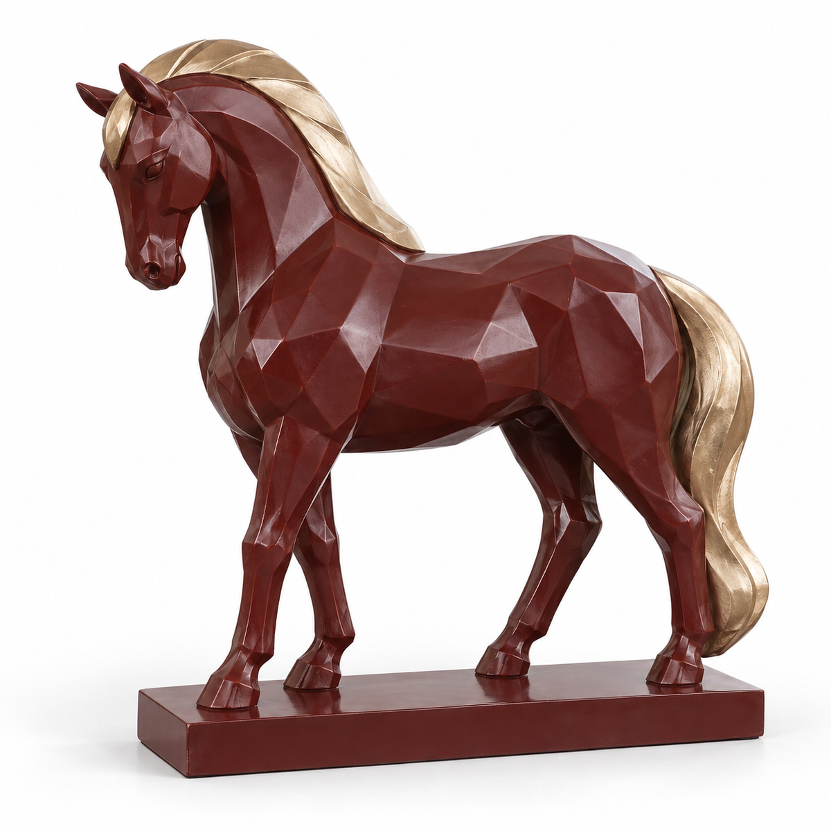 Garnet Cadence burgundy fiberglass geometric bowing horse sculpture isolated on white with its integral base.