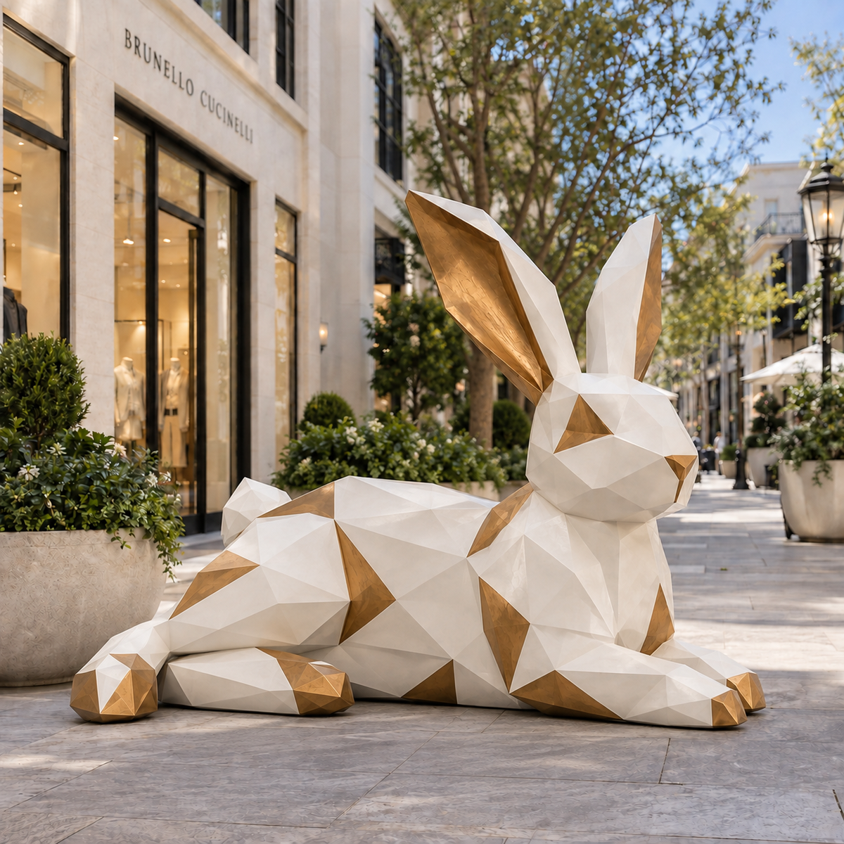 Gilded Repose white and gold fiberglass geometric reclining rabbit sculpture displayed on a luxury commercial street