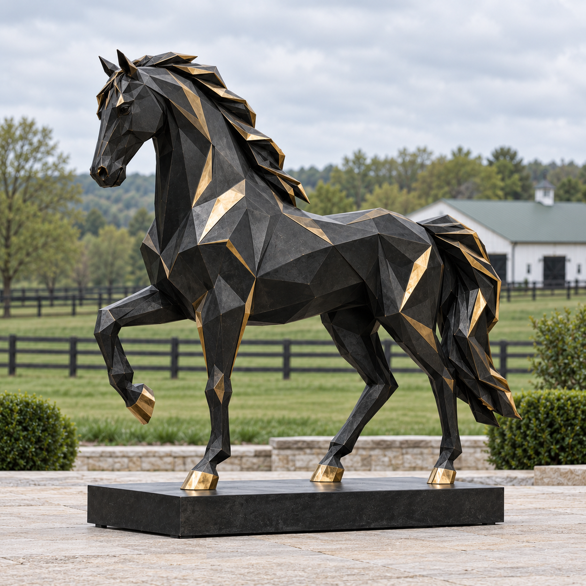 Gilded Stride Black & Gold Bronze Geometric Horse Sculpture — equestrian estate courtyard.
