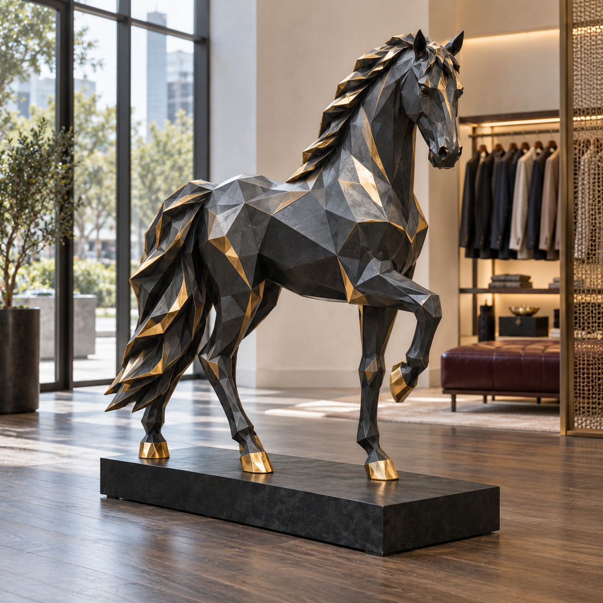 Gilded Stride Black & Gold Bronze Geometric Horse Sculpture — fashion boutique.