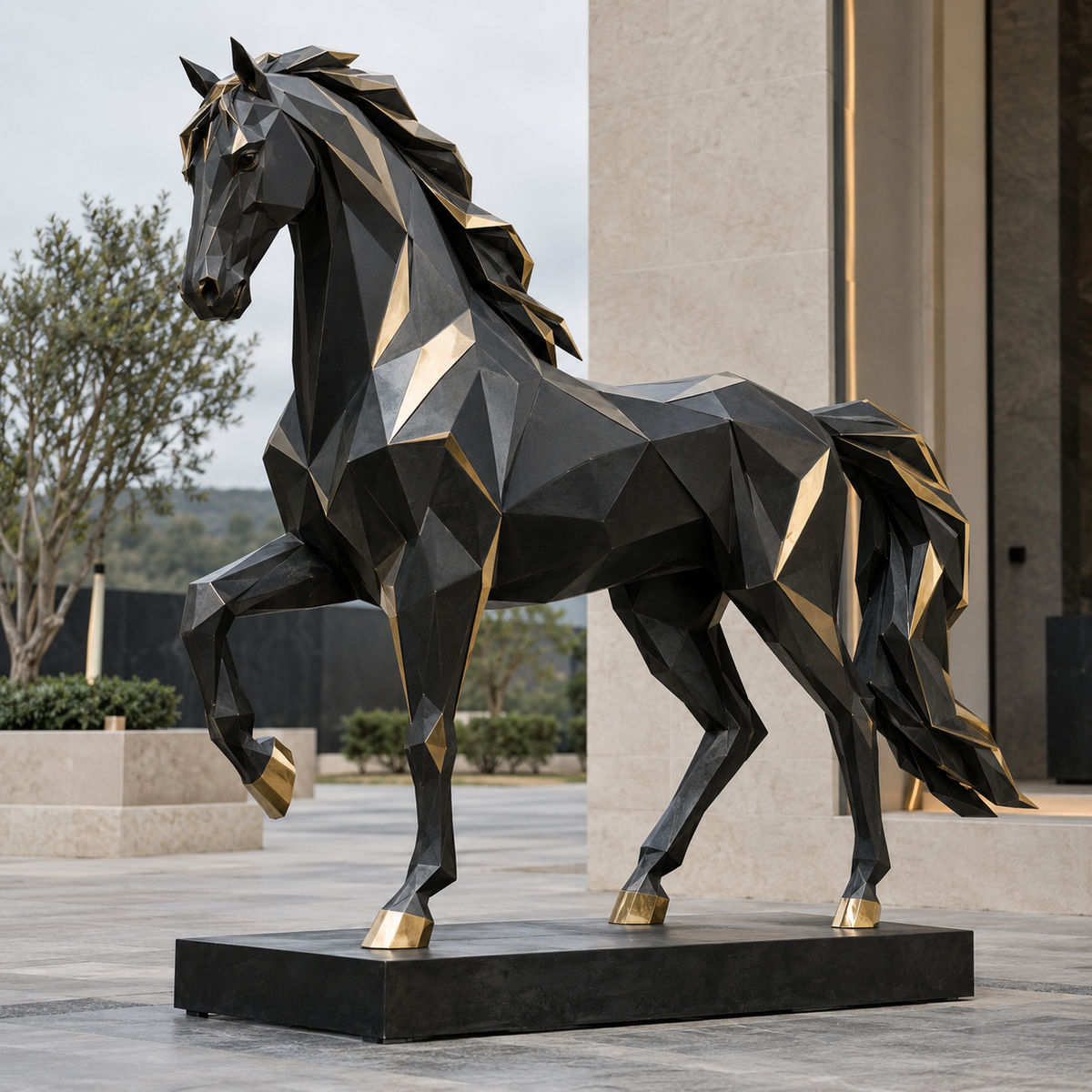 Gilded Stride black and gold bronze geometric horse sculpture displayed in a modern outdoor plaza