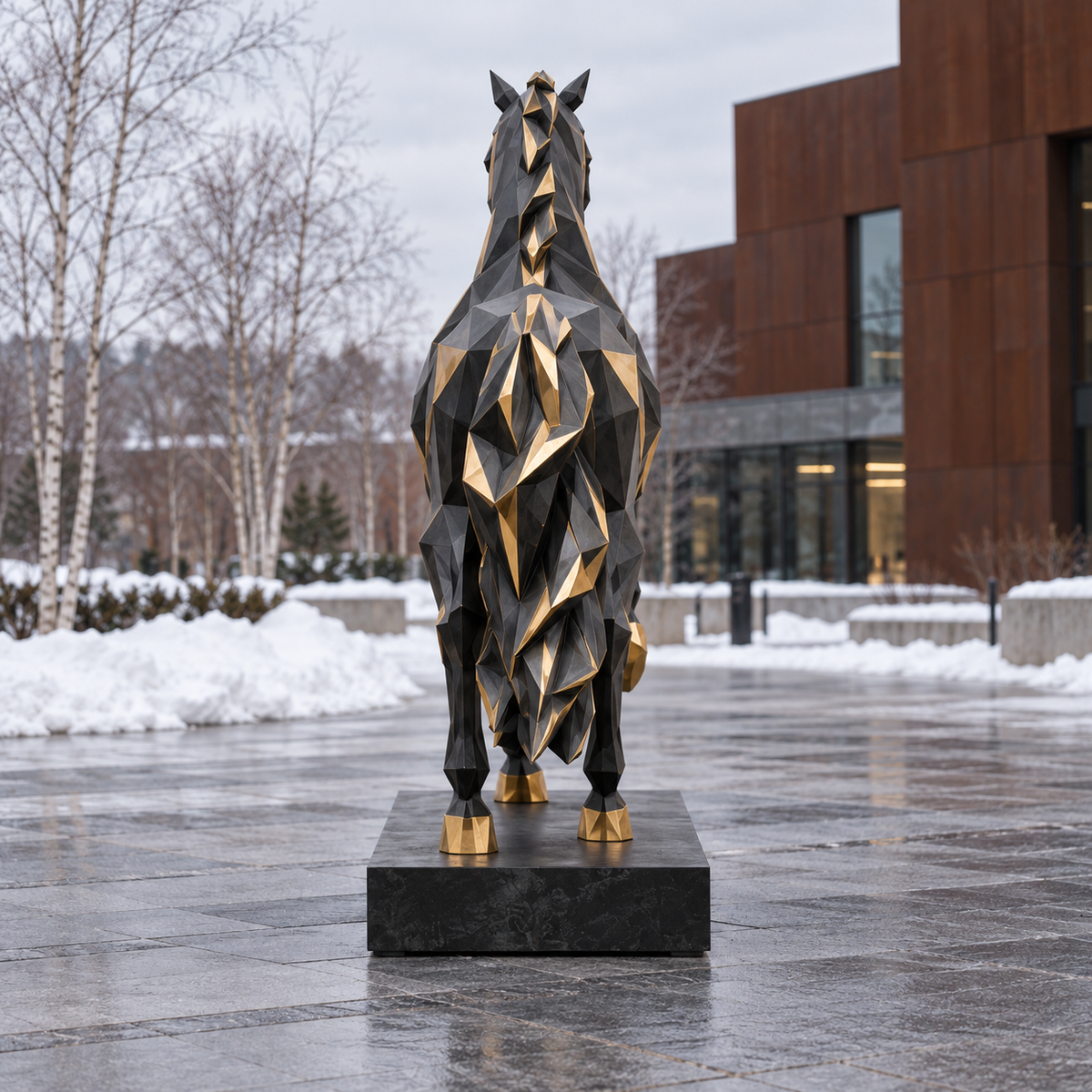 Gilded Stride Black & Gold Bronze Geometric Horse Sculpture — snowy modern plaza viewed from the front.