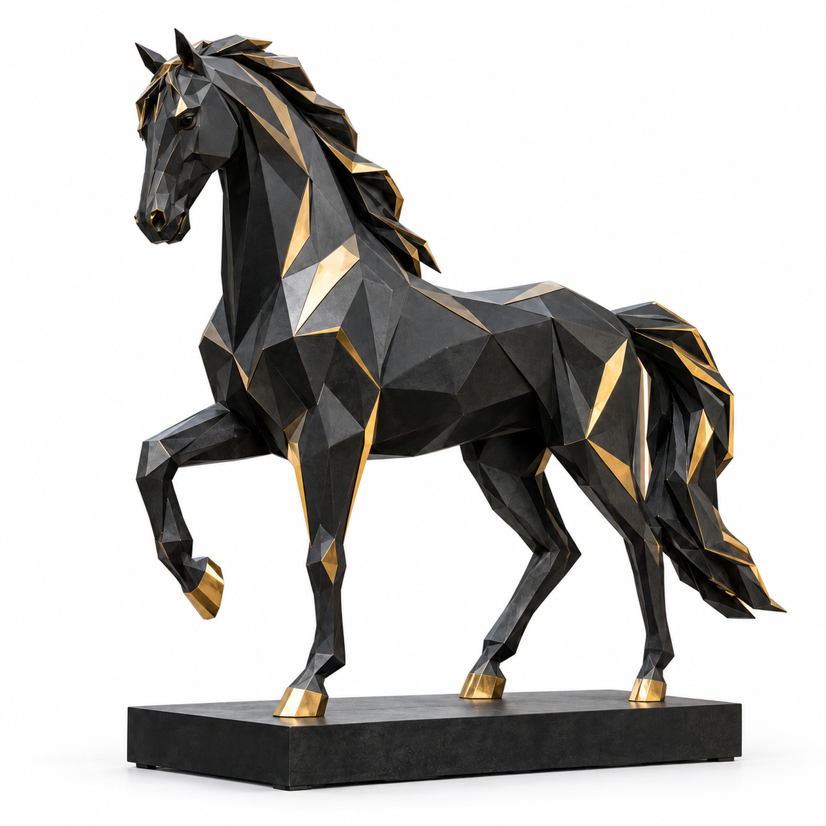 Black and gold bronze geometric horse sculpture with raised front leg on a white background