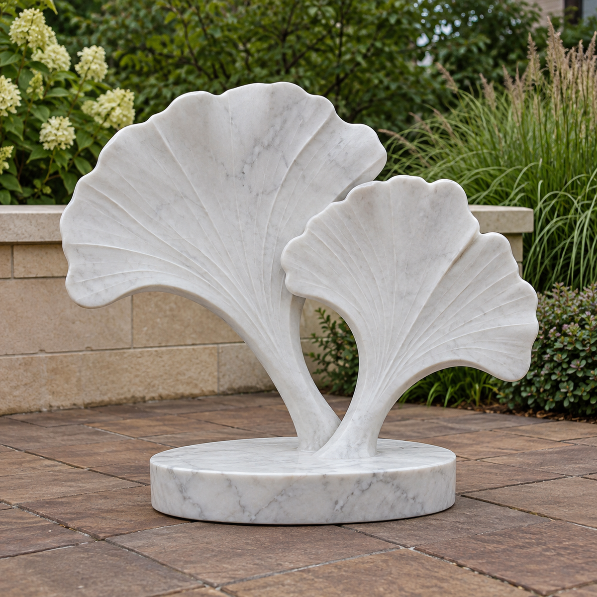 Ginkgo Remembrance, white marble twin ginkgo leaf memorial sculpture in a natural-light setting.