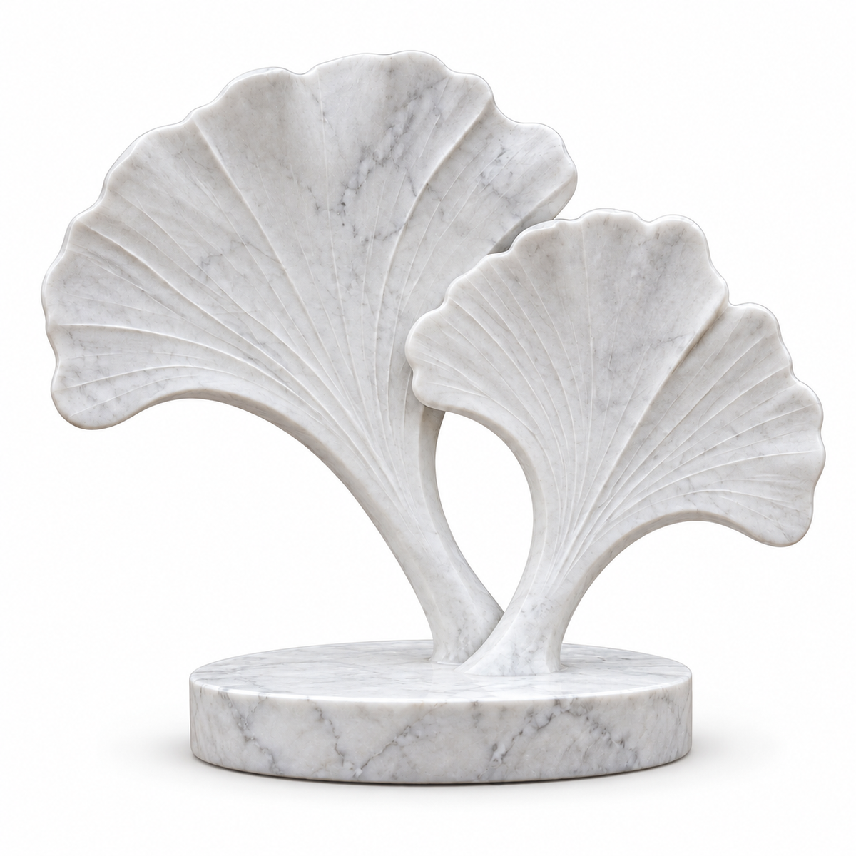Ginkgo Remembrance, white marble twin ginkgo leaf memorial sculpture isolated on white with a soft contact shadow.