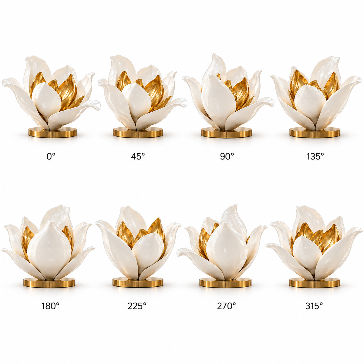 360-degree views of Golden Bloom white and gold fiberglass flower sculpture