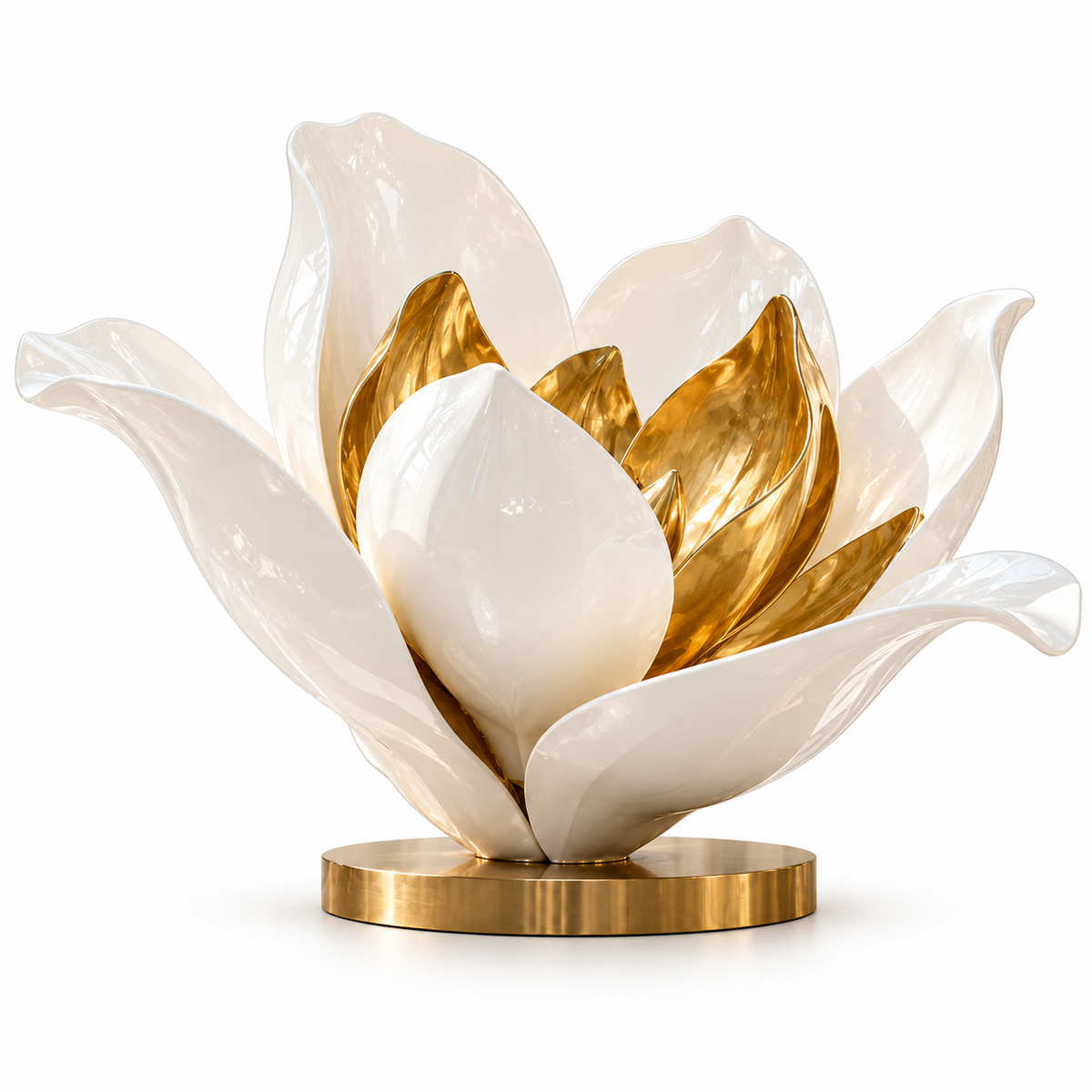 White and gold fiberglass flower sculpture with layered oversized petals on a white background