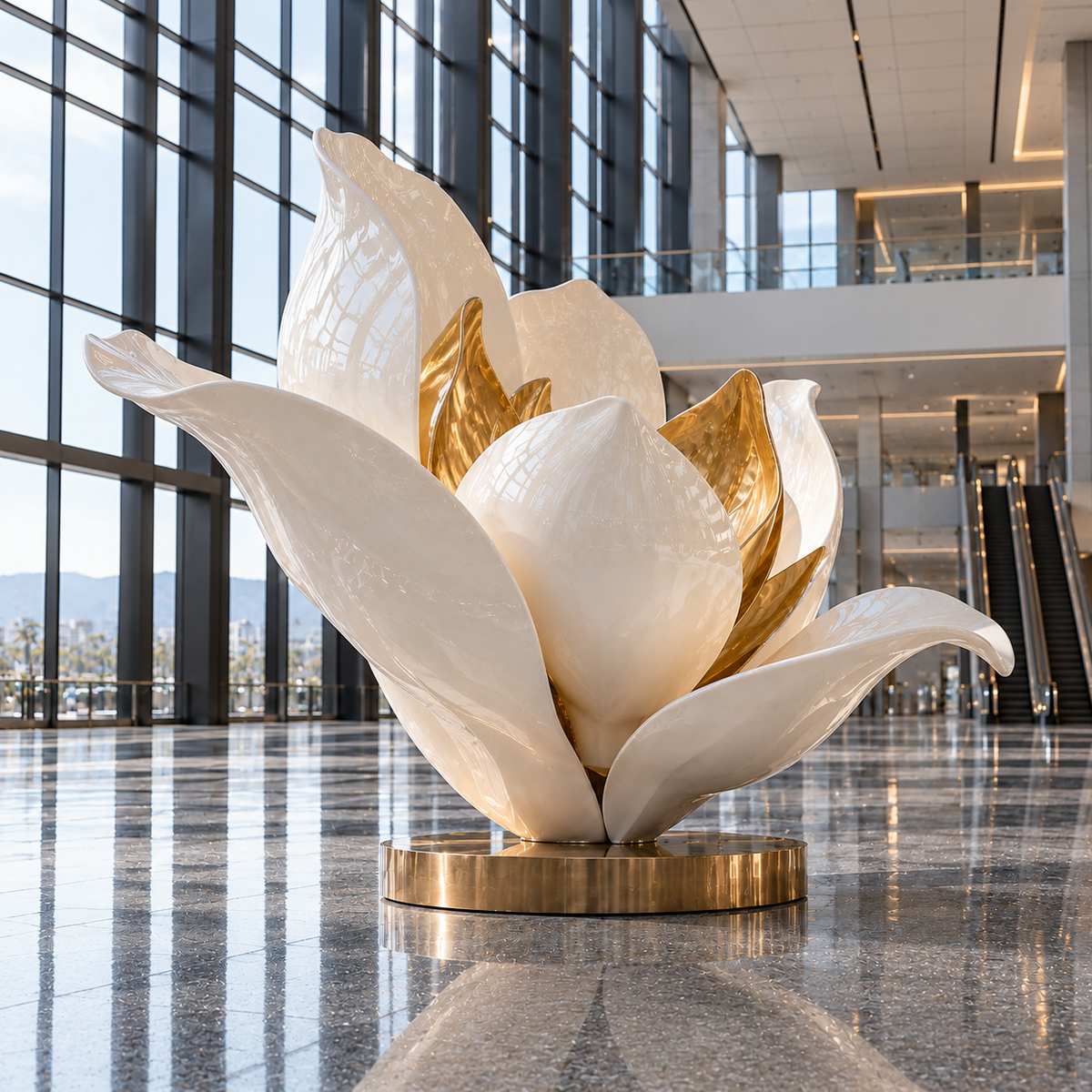 Golden Bloom White & Gold Fiberglass Flower Sculpture displayed in a bright glass atrium.