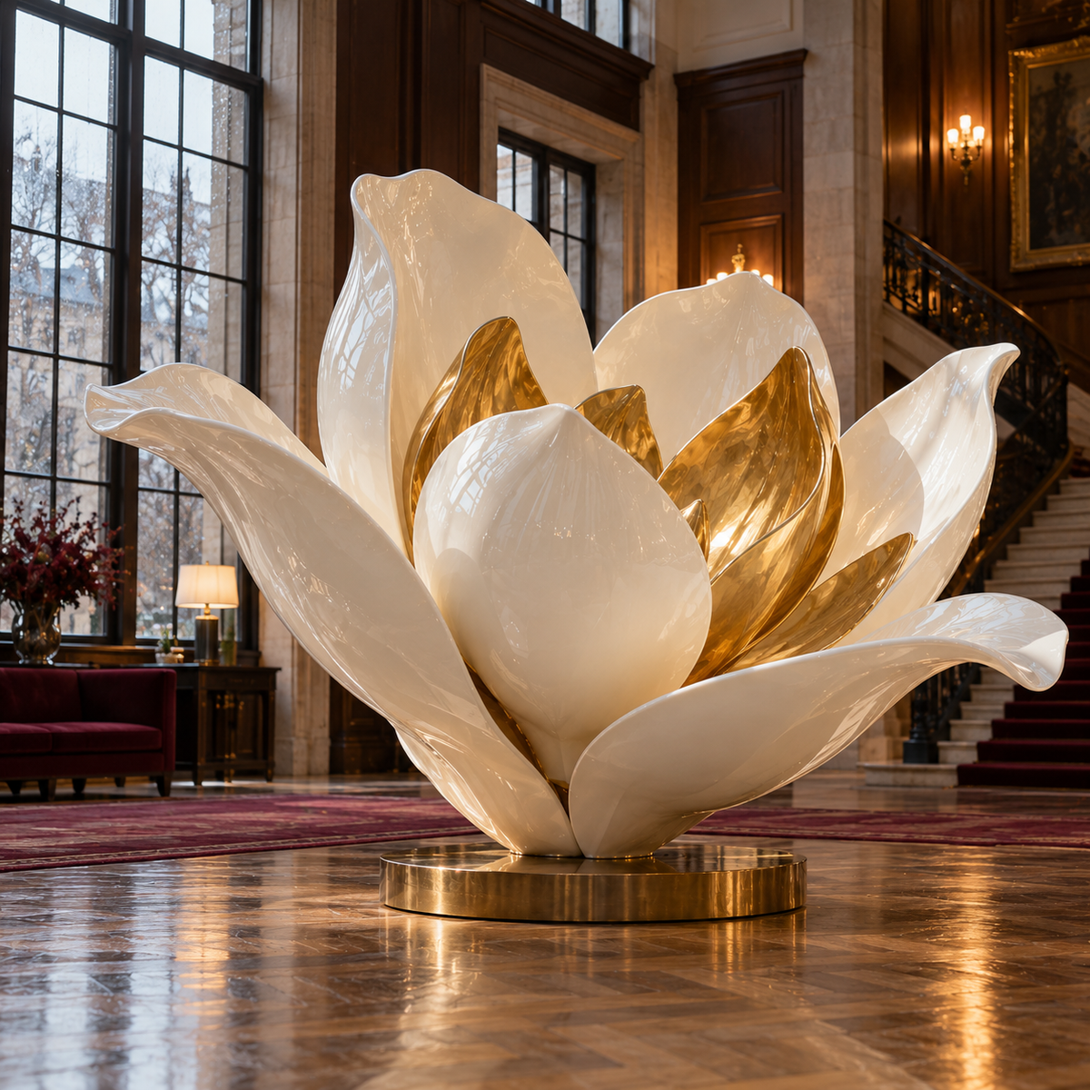 Golden Bloom White & Gold Fiberglass Flower Sculpture displayed in a grand lobby with tall windows.