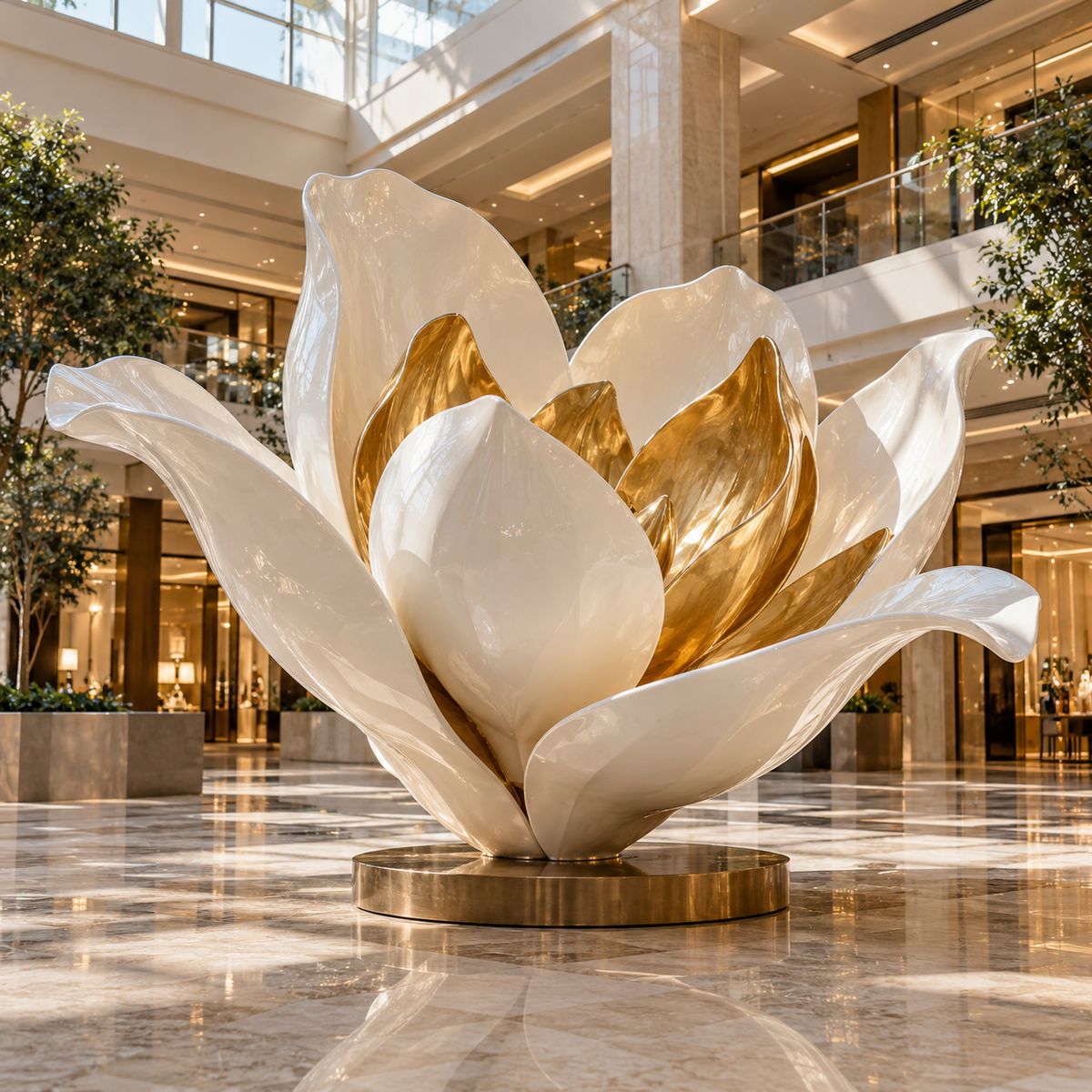 Golden Bloom white and gold fiberglass flower sculpture displayed in a luxury commercial atrium