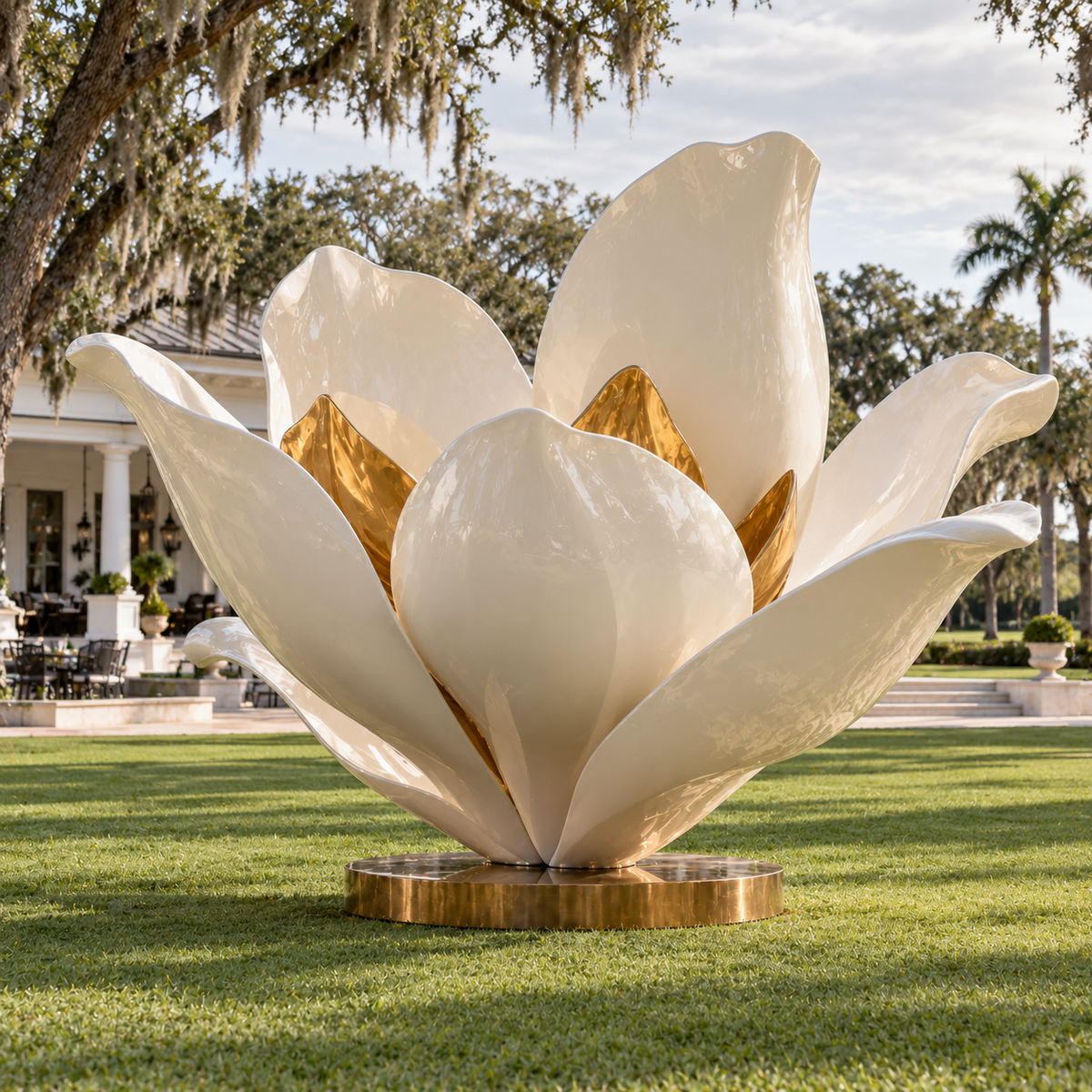 Golden Bloom White & Gold Fiberglass Flower Sculpture displayed on a lawn in a palm-lined garden.