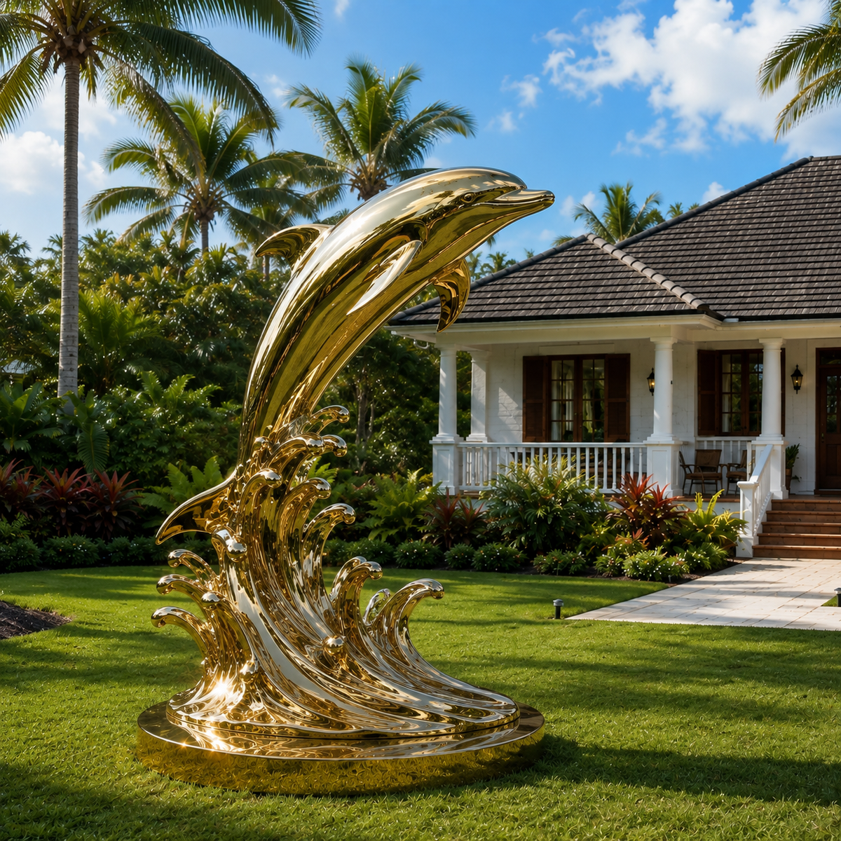 Golden mirror stainless steel leaping dolphin sculpture with stylized wave base displayed in a tropical garden landscape outside a luxury villa.