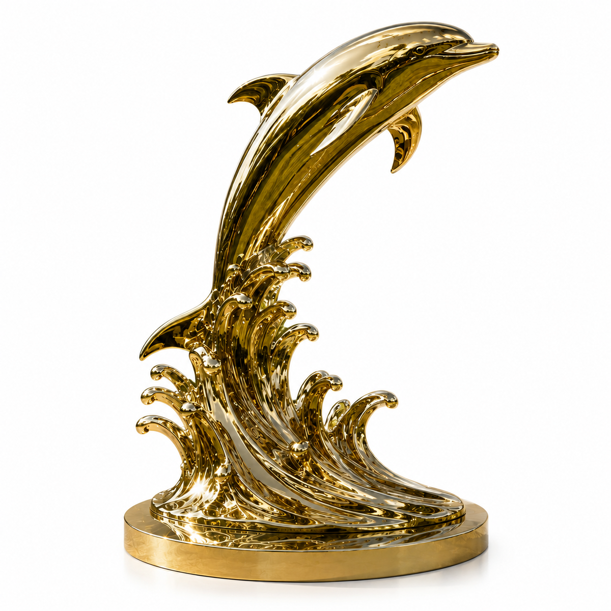 Golden mirror stainless steel leaping dolphin sculpture with an integrated wave base on a white background.