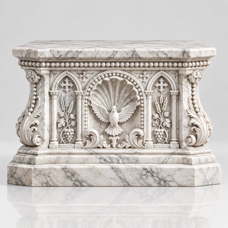 Gothic relief white marble rectangular sculpture base with arched decorative carvings