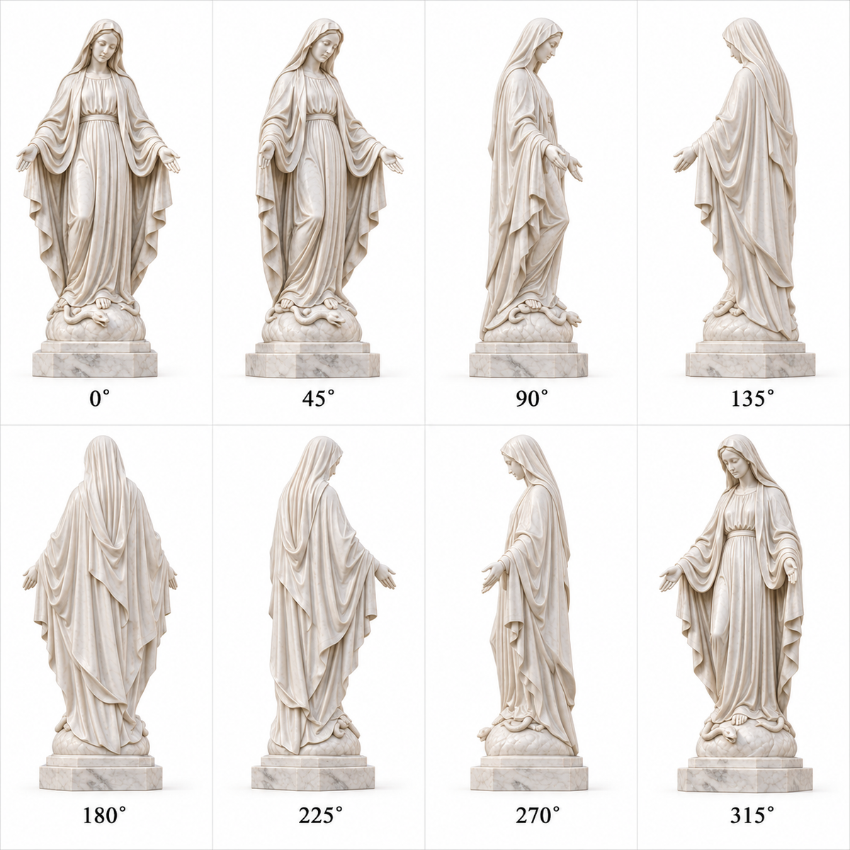 360-degree views of Grace of Devotion white marble Virgin Mary sculpture