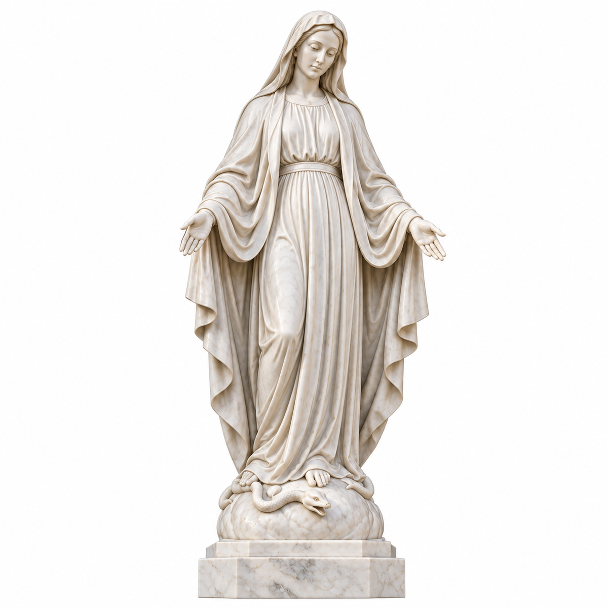 White marble Virgin Mary religious sculpture with open hands and flowing robes on a white background
