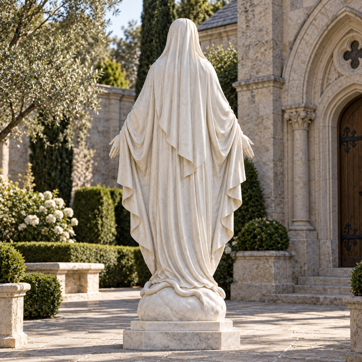 Grace of Devotion White Marble Virgin Mary Sculpture — chapel courtyard viewed from behind.