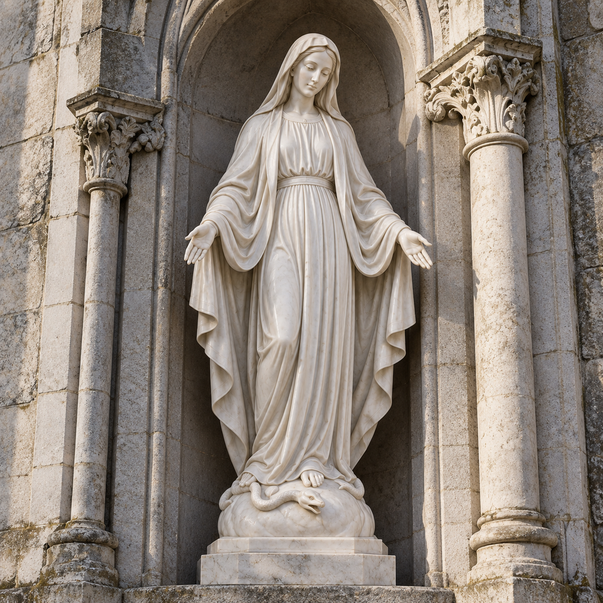 Grace of Devotion white marble Virgin Mary sculpture displayed in a classical church niche