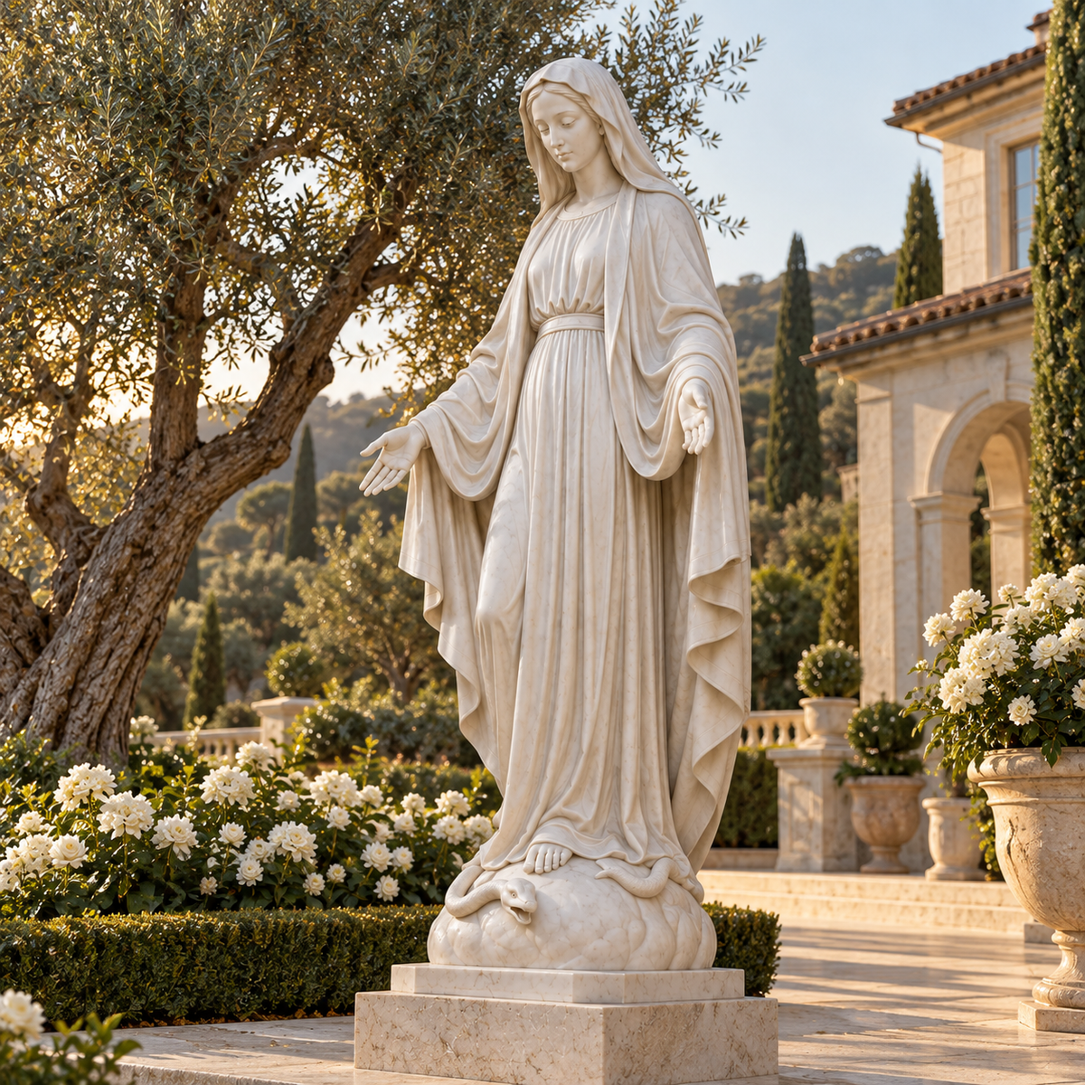 Grace of Devotion White Marble Virgin Mary Sculpture — Mediterranean villa garden.
