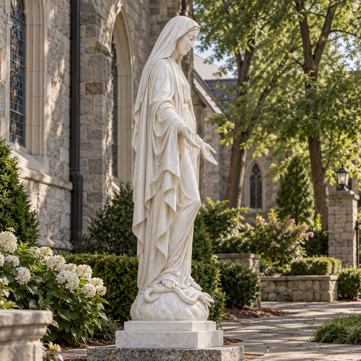 Grace of Devotion White Marble Virgin Mary Sculpture — stone church garden viewed from the side.